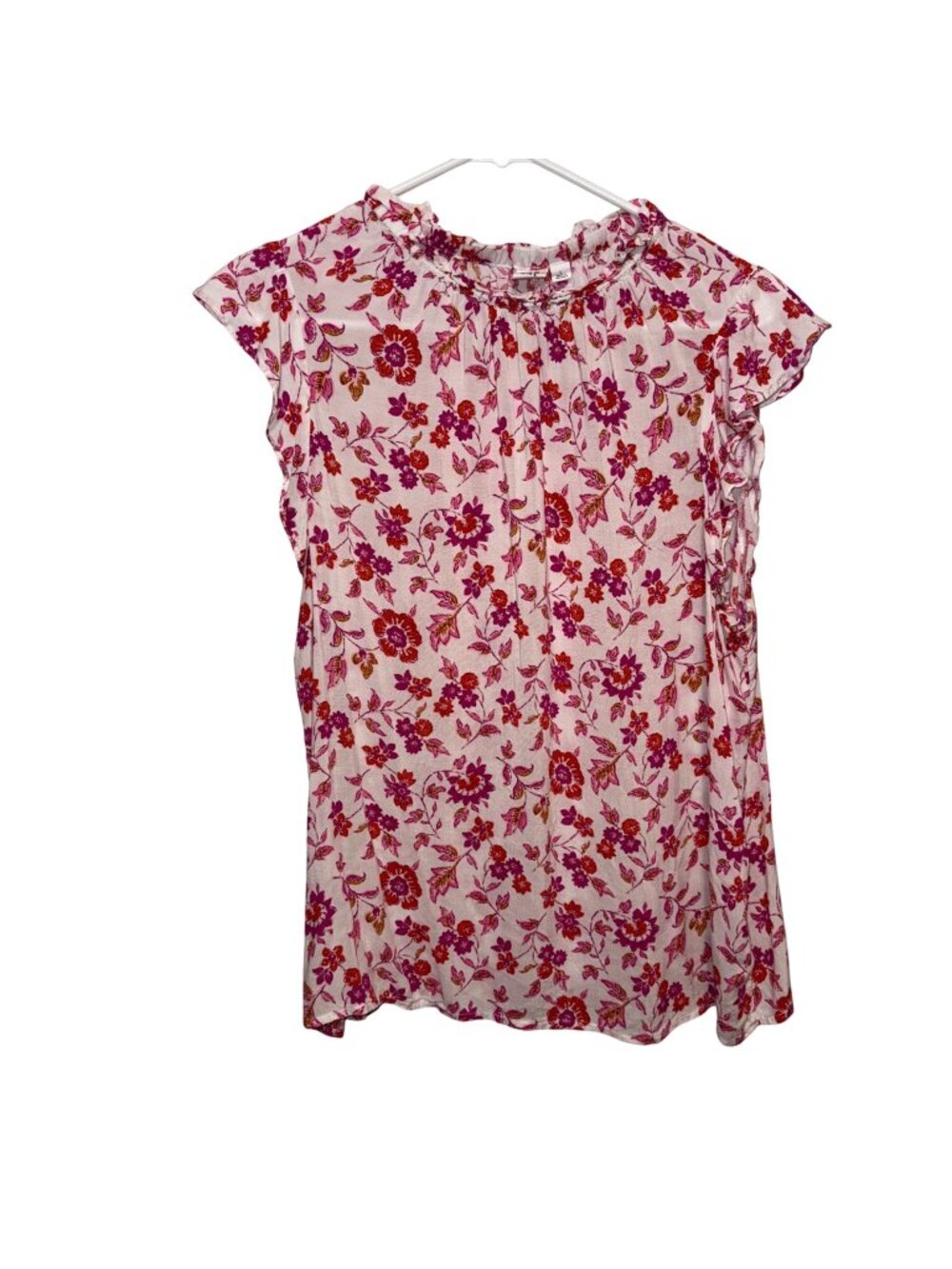 Floral Pink & Red Womens Top By GAP Ruffle Neckline & Cap Sleeves L Lightweight